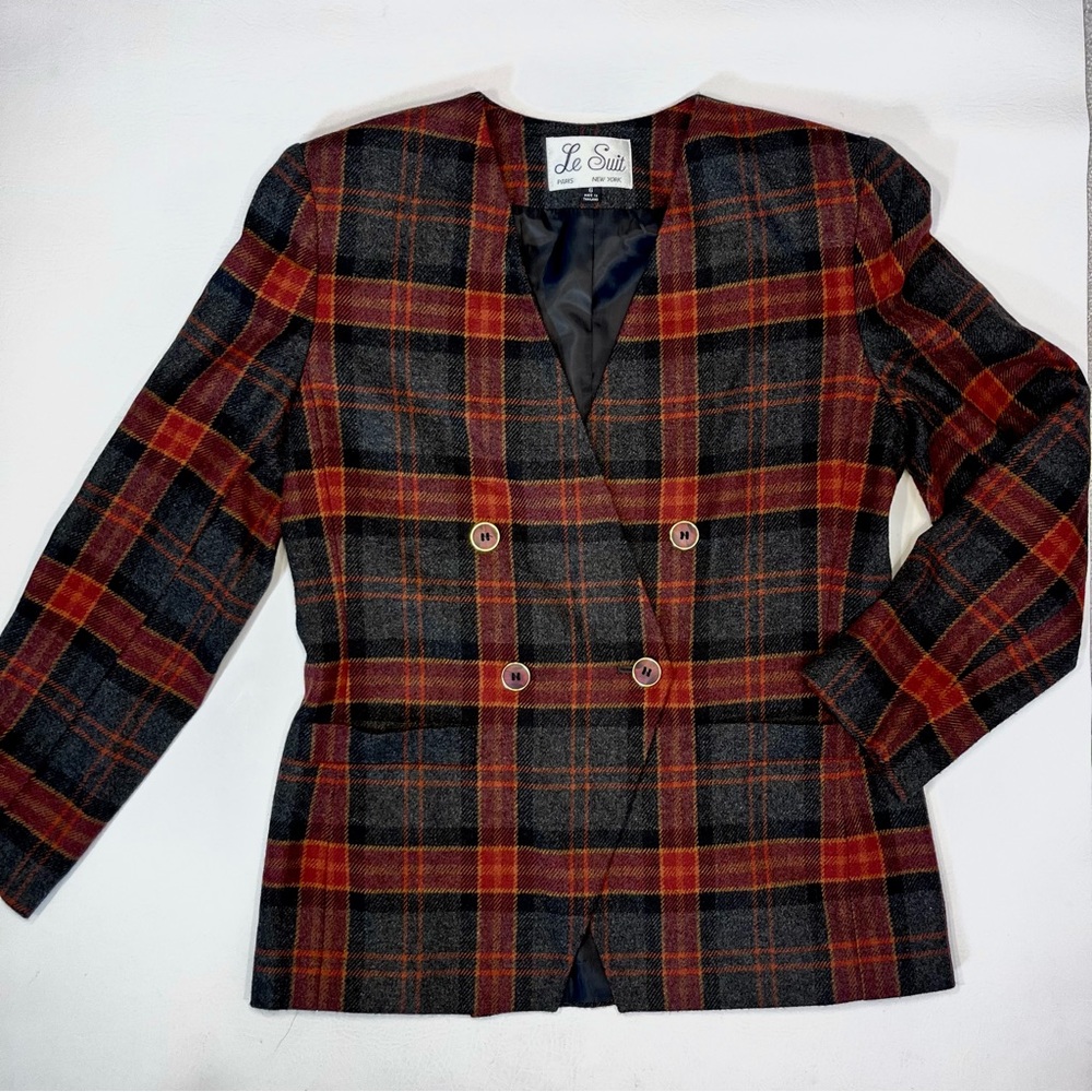 Vintage Wool Blend Plaid Asymmetrical Blazer Gray & Red Size 6